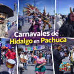 Collage fotográfico del Desfile “Es tiempo de Carnaval” 2026 en Pachuca, con comparsas de distintos municipios de Hidalgo, personajes con máscaras tradicionales, danzantes, músicos y asistentes en el centro de la ciudad. (Fotos: Edgar Torres)