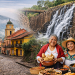 Collage promocional de Hidalgo que muestra una calle empedrada con iglesia colonial, una cascada rodeada de formaciones rocosas y dos mujeres con vestimenta tradicional ofreciendo platillos típicos mexicanos.
