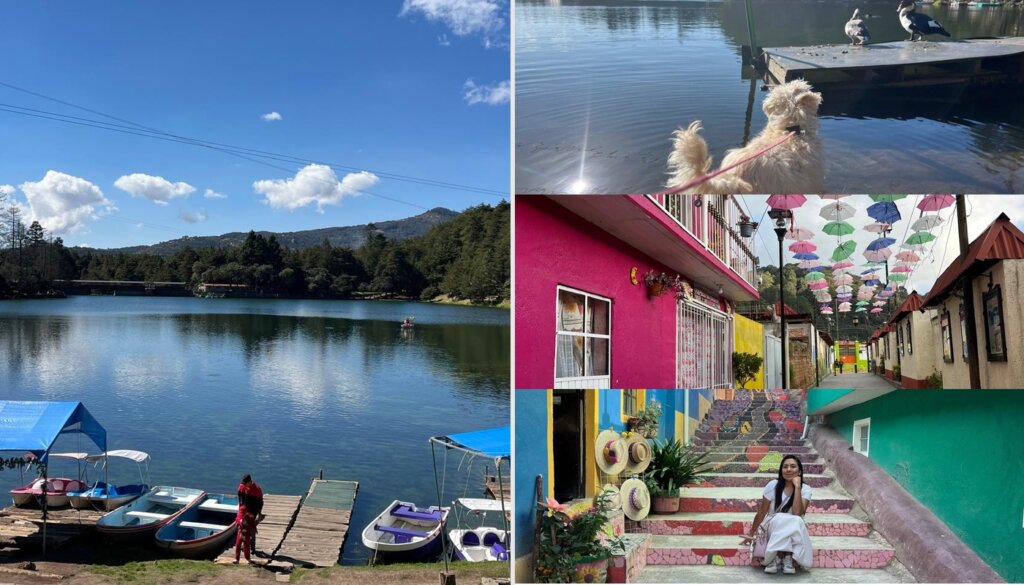 Collage turístico de Hidalgo con vista panorámica de lago y lanchas, perrito junto al agua, calle con sombrillas de colores y escalinata decorada en un pueblo mágico.