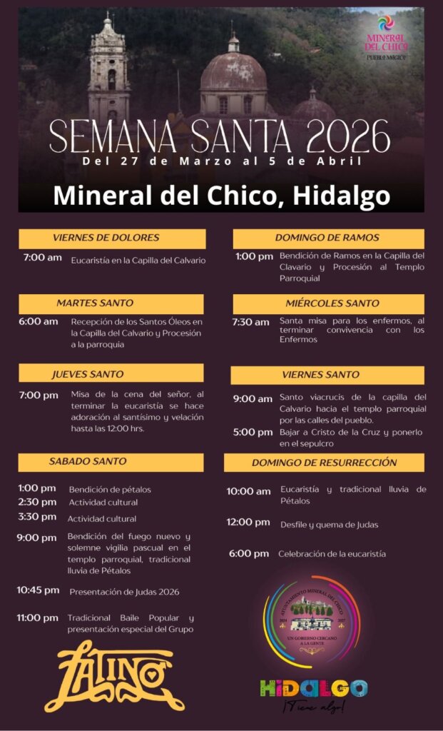 Programa de Semana Santa 2026 en Mineral del Chico, Hidalgo, con horarios de misas, viacrucis y lluvia de pétalos.