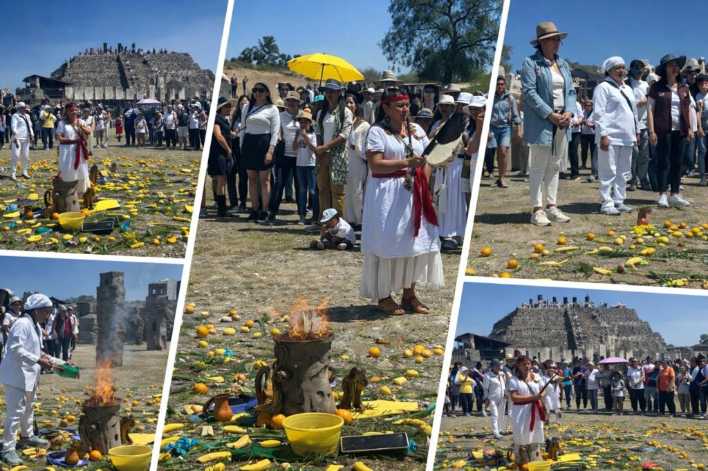 Ritual del equinoccio de primavera en la zona arqueológica de Tula con ofrendas, fuego ceremonial y asistentes reunidos frente a la pirámide.