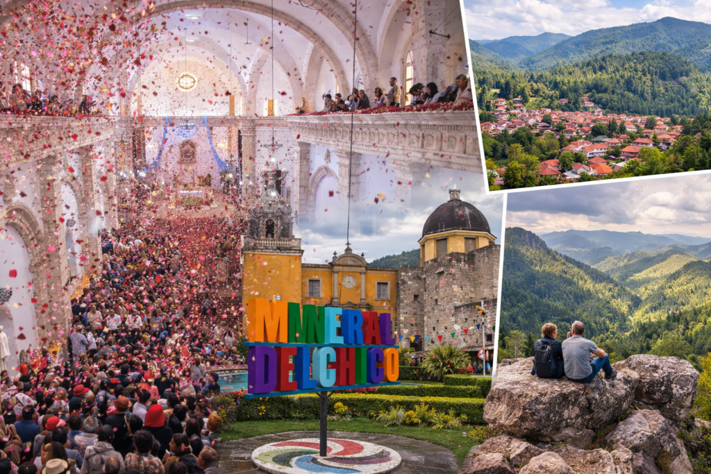 Lluvia de pétalos durante celebración de Semana Santa en Mineral del Chico, con iglesia llena de feligreses, paisaje natural y vista del Pueblo Mágico en Hidalgo.