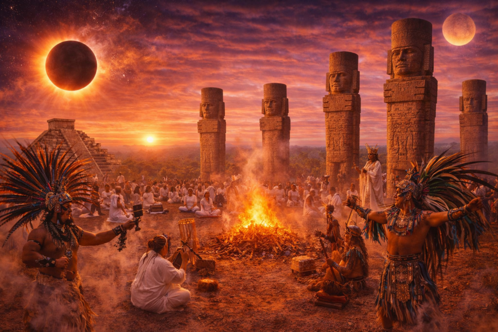 Festival Toltéquinox 2026 en Tula de Allende con ritual de equinoccio, danzantes prehispánicos, ceremonia de fuego y asistentes en la zona arqueológica, destacando la herencia tolteca y las tradiciones ancestrales.