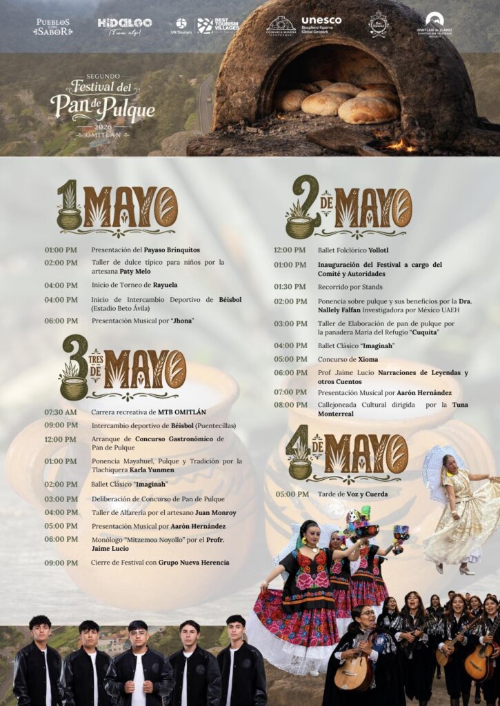 Programa oficial del Segundo Festival del Pan de Pulque 2026 en Omitlán de Juárez, con actividades culturales, concursos, talleres, presentaciones musicales y eventos del 1 al 4 de mayo.