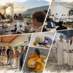 Collage de evento gastronómico con vista al Valle del Mezquital, comensales degustando platillos, chefs en presentación, montaje de alimentos gourmet y equipo culinario posando.
