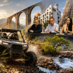 Ilustración sobre la inauguración de Ruta 51 Xtrem en Actopan, Hidalgo, que combina una conferencia de prensa con vehículos todo terreno recorriendo paisajes naturales y zonas extremas del estado.