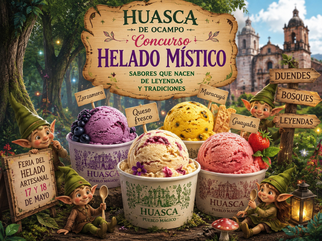 Ilustración inspirada en el concurso “Helado Místico” de Huasca de Ocampo, con helados artesanales de sabores frutales, duendes, bosque mágico y elementos representativos del Pueblo Mágico.