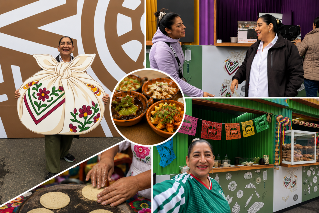 Collage de la secretaria de Turismo de Hidalgo, Elizabeth Quintanar Gómez, durante la presentación de “México de Mis Sabores”, evento gastronómico vinculado al Mundial 2026, donde se promueve la participación de cocineras tradicionales y la gastronomía hidalguense.