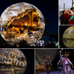 Collage fotográfico del videomapping "Pachuca: viento, futbol y corazón de plata" proyectado sobre el balón del Salón de la Fama del Futbol Internacional, acompañado por imágenes del espectáculo audiovisual, una presentación de danza tradicional y la secretaria de Turismo de Hidalgo durante la inauguración.