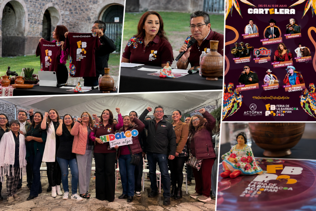 Collage de la presentación oficial de la Feria de la Barbacoa Actopan 2026, realizada en las Caballerizas del Ex Convento de San Nicolás de Tolentino. En las imágenes se observa a autoridades municipales encabezadas por la alcaldesa Imelda Cuéllar Cano durante el anuncio del evento, la presentación de la nueva imagen de la feria, la cartelera artística con artistas como Gloria Trevi, Napoleón y Los Yonics, así como una fotografía grupal de organizadores y asistentes.