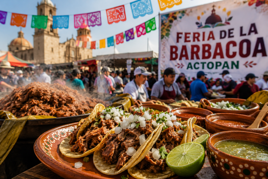 Feria de la Barbacoa de Actopan con tacos de barbacoa tradicional, salsas, productores locales y ambiente festivo en el centro histórico del municipio.