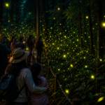 Visitantes recorren senderos guiados en un bosque de Nanacamilpa, Tlaxcala, mientras observan el espectáculo natural de miles de luciérnagas que iluminan el entorno durante la temporada de avistamiento