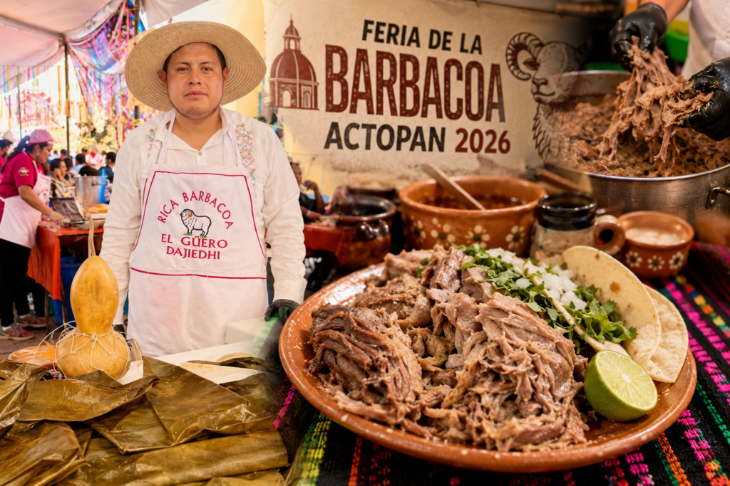 Elvis González, finalista más joven de la Feria de la Barbacoa Actopan 2026, aparece junto a una mesa con barbacoa tradicional, mientras al fondo se aprecia el ambiente festivo del concurso gastronómico en Actopan.
