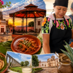 Collage ilustrativo del festival Sabor a Hidalgo en Zempoala, con la plaza principal del Pueblo Mágico, cocineros tradicionales preparando ximbote, platillos típicos, pan artesanal, maguey y atractivos turísticos como el Acueducto del Padre Tembleque y el Exconvento.