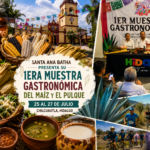 Collage ilustrativo de la Primera Muestra Gastronómica del Maíz y el Pulque en Santa Ana Batha, Chilcuautla, que integra la presentación oficial del evento con elementos representativos de la gastronomía tradicional, el pulque, el maíz, el paisaje del Valle del Mezquital y las actividades culturales y deportivas.