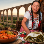 Cocinera tradicional prepara platillos hidalguenses frente a una mesa con alimentos servidos en barro, con el Acueducto del Padre Tembleque al fondo.