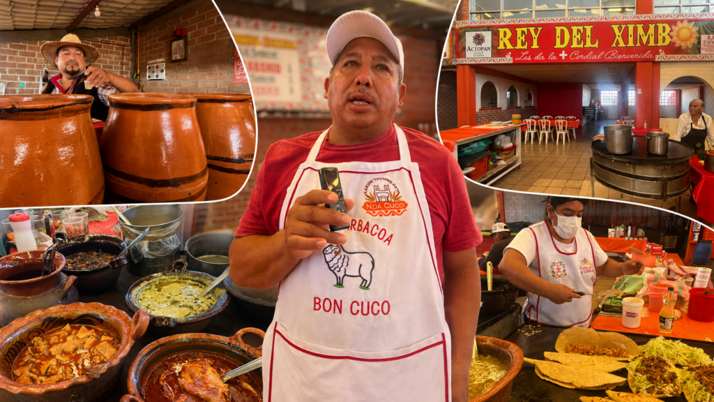 Alaín Mejía, representante de Barbacoa Don Cuco, acompañado de cocineros, cazuelas con guisos tradicionales y el puesto Rey del Ximbo en el Pabellón Gastronómico de Actopan.