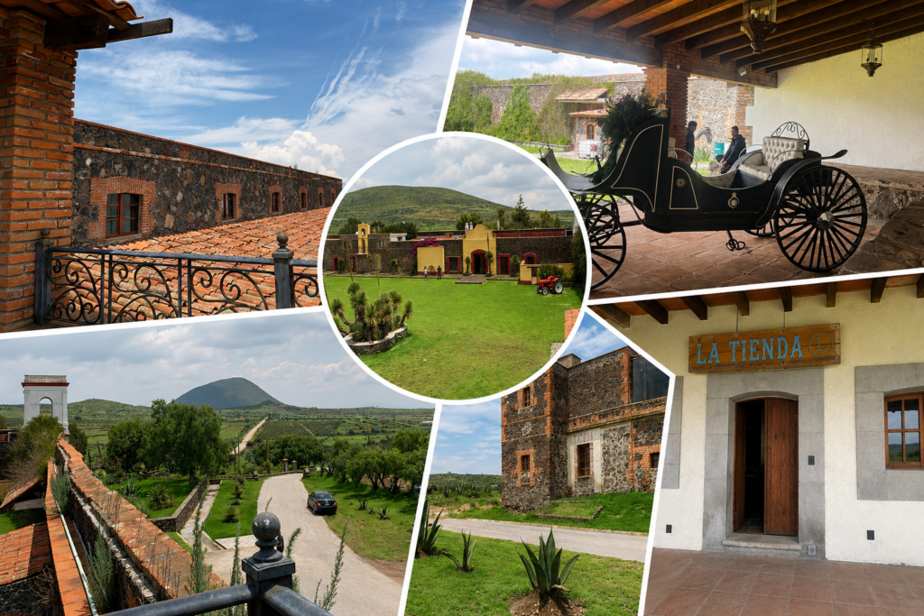 Collage de la Hacienda Zontecomate, en Zempoala, con vistas de sus construcciones históricas, jardines, paisajes del Altiplano Pulquero y una antigua calesa.