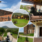 Collage de la Hacienda Zontecomate, en Zempoala, con vistas de sus construcciones históricas, jardines, paisajes del Altiplano Pulquero y una antigua calesa.