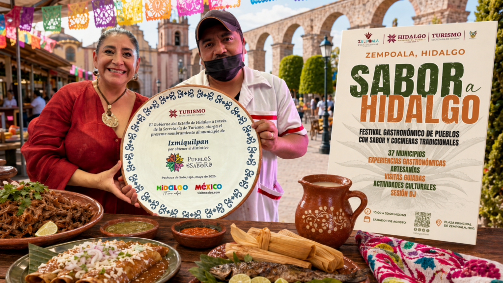 Cocinera tradicional y expositor de Ixmiquilpan sostienen el distintivo Pueblo con Sabor frente a una mesa con platillos hidalguenses y el cartel del Festival Sabor a Hidalgo en Zempoala.
