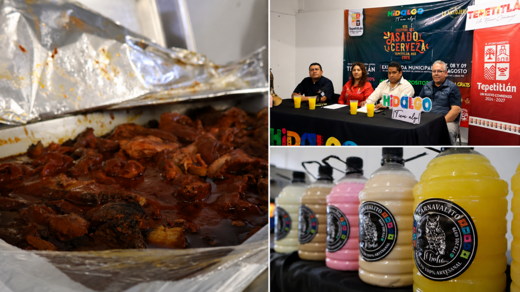 Collage del Festival del Asado y la Cerveza de Tepetitlán con carne preparada, bebidas artesanales y la presentación del evento.