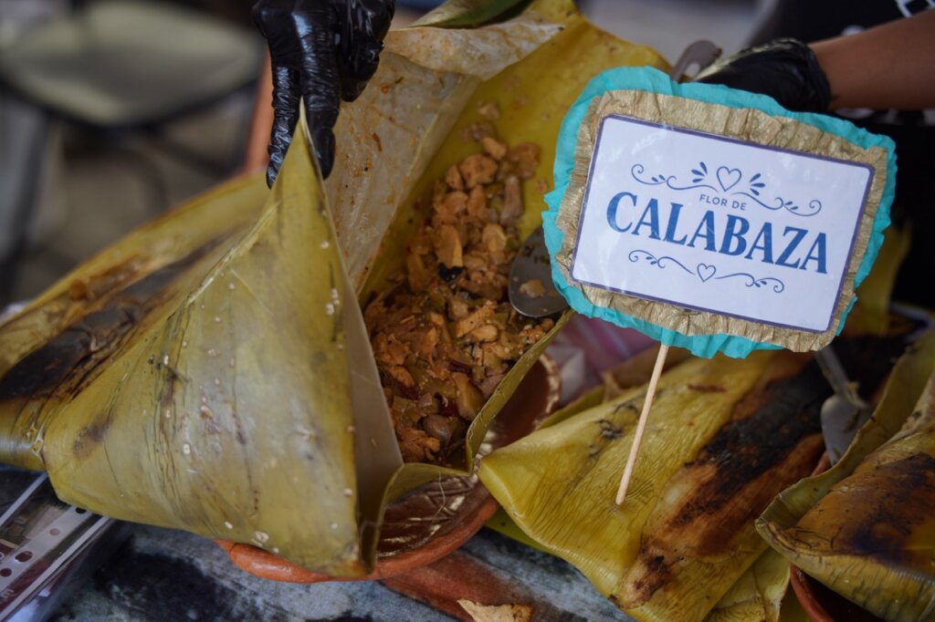 Cocinera tradicional hidalguense junto a un collage de platillos y productos regionales presentados durante Sabor a Hidalgo en Zempoala.