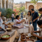 Cocineras y artesanos de Hidalgo muestran gastronomía, bordados, textiles y alfarería a visitantes en el patio de una hacienda.