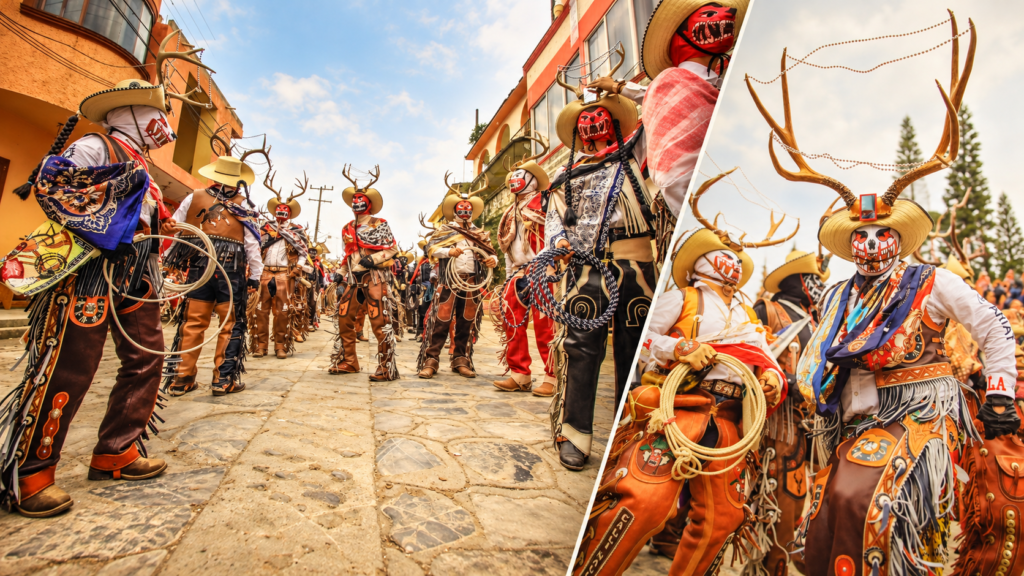 Collage de participantes con máscaras rojas y blancas, sombreros con astas y trajes de cuero con flecos, en una calle empedrada.