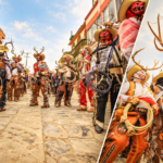 Collage de participantes con máscaras rojas y blancas, sombreros con astas y trajes de cuero con flecos, en una calle empedrada.