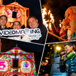 Collage de la celebración por los 25 años de Pueblos Mágicos en Huasca de Ocampo, con videomapping, música y representaciones culturales.